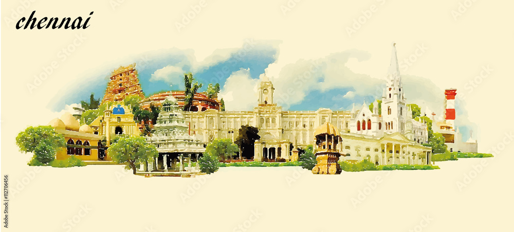 CHENNAI city water color panoramic vector illustration