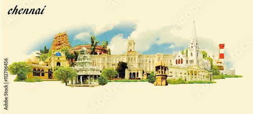 CHENNAI city water color panoramic vector illustration
