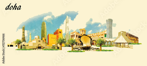 DOHA city panoramic vector water color illustration