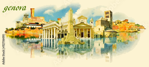 GENOVA city panoramic vector water color illustration