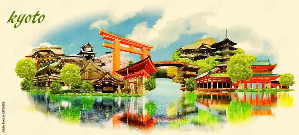 Obraz premium KYOTO city panoramic vector water color illustration