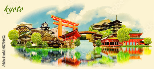 KYOTO city panoramic vector water color illustration