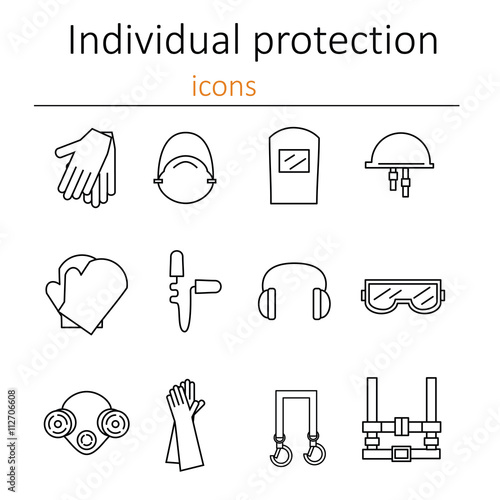 Individual protection. Set of icons of personal protective equipment in construction. Protective equipment for eyes, head, ears, hands, lungs and the body. Body protection and health. Vector.