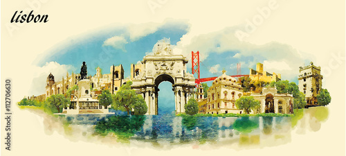 LISBON city water color panoramic vector illustration