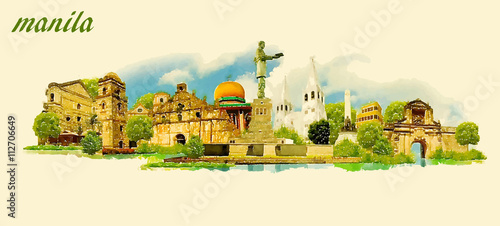 MANILA city panoramic vector water color illustration