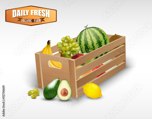 Fresh fruits in wooden crates on a white background