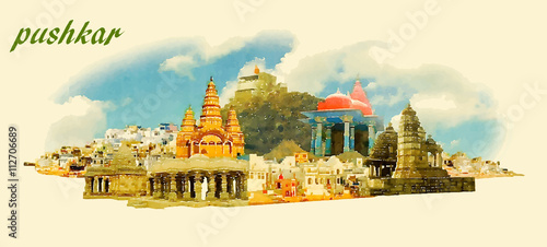 PUSHKAR city panoramic vector water color illustration