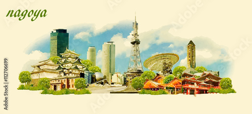 NAGOYA city panoramic vector water color illustration photo