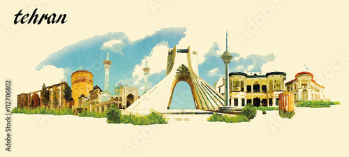 TEHRAN city panoramic vector water color illustration photo