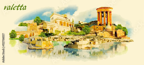 water color panoramic valetta city illustration