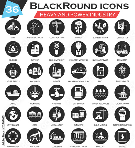 Vector Heavy and power industry circle white black icon set. Ultra modern icon design for web.