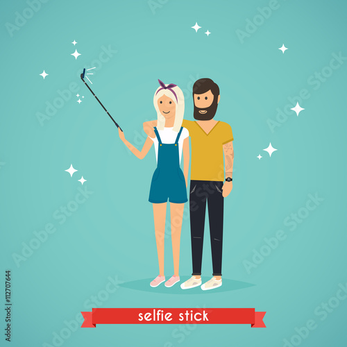 Young couple taking a selfie with selfie stick. Cartoon man and