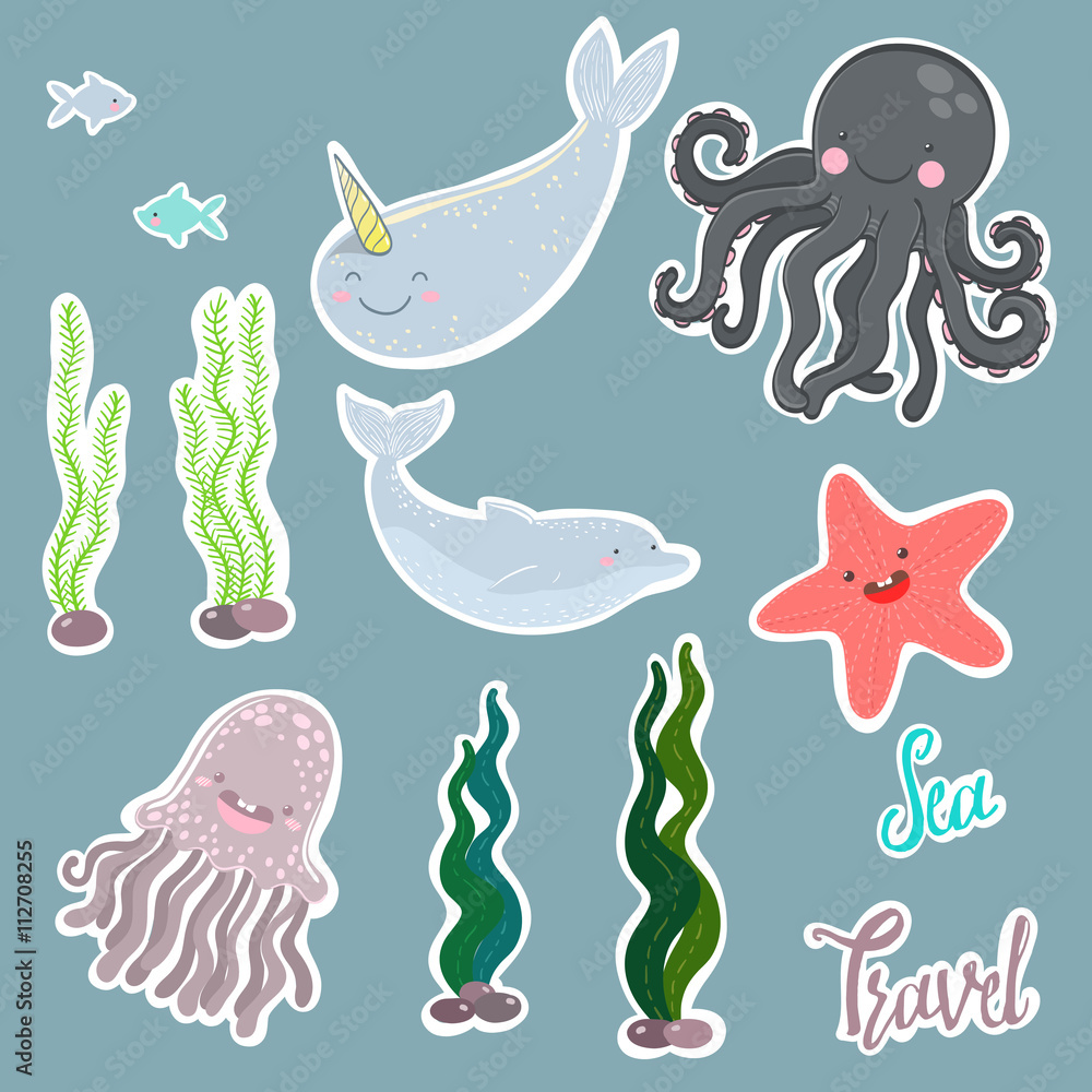 Obraz premium vector marine elements. animals and algae. jellyfish, dolphin, octopus, starfish and narwhal