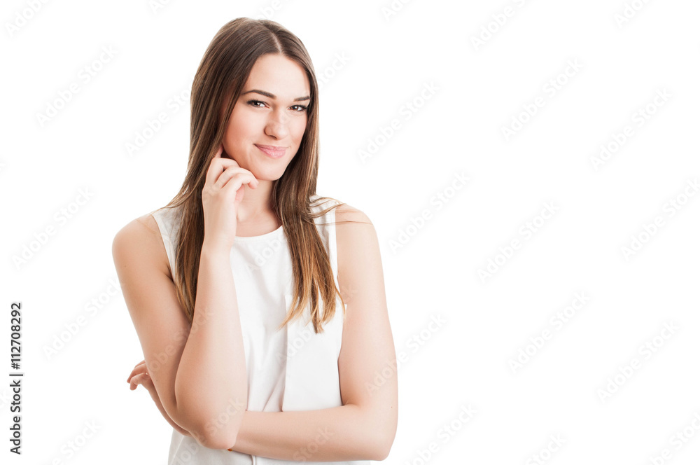 Young beauty woman in casual shirt smiling and looking friendly Young beauty woman in casual shirt smiling and looking friendly