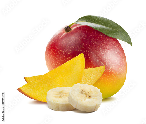 Mango banana pieces 2 isolated on white background as package design element
