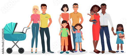 International Happy young family detailed couples with baby kid set.