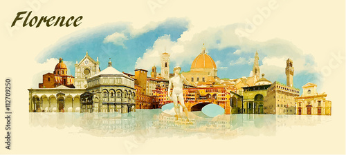 vector panoramic water color  illustration of FLORENCE city