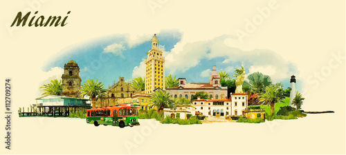 vector panoramic water color  illustration of MIAMI city