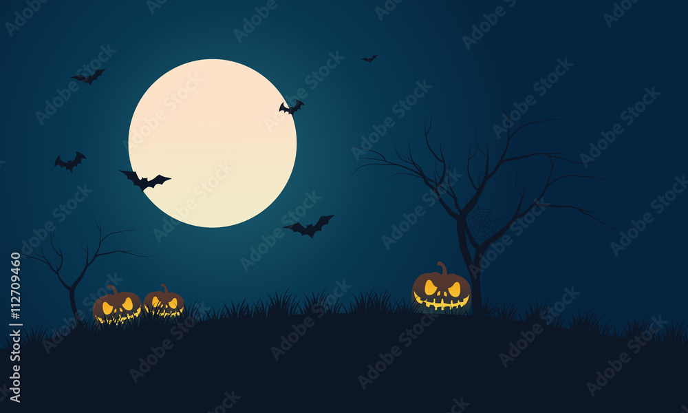 Pumpkins and bat at night scenery Halloween