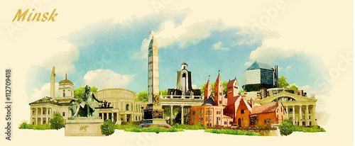 vector panoramic water color illustration of MINSK city
