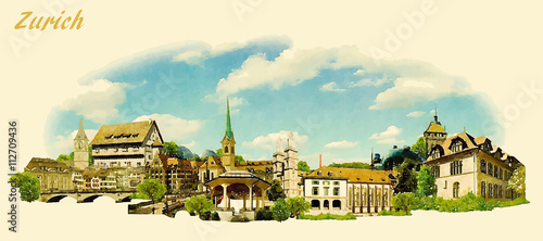 vector panoramic water color illustration of ZURICH city
