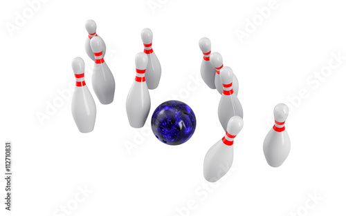 Bowling Ball crashing into the pins. 3D rendering