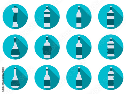 Bottle set. Bottle of water. Flat icon with Long Shadow. Vector illustration.