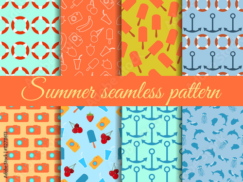 Seamless summer pattern. Summer seamless background. Summer pattern with fruit and summer objects.