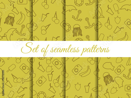 Seamless summer pattern. Summer seamless background. Summer pattern with fruit and summer objects.
