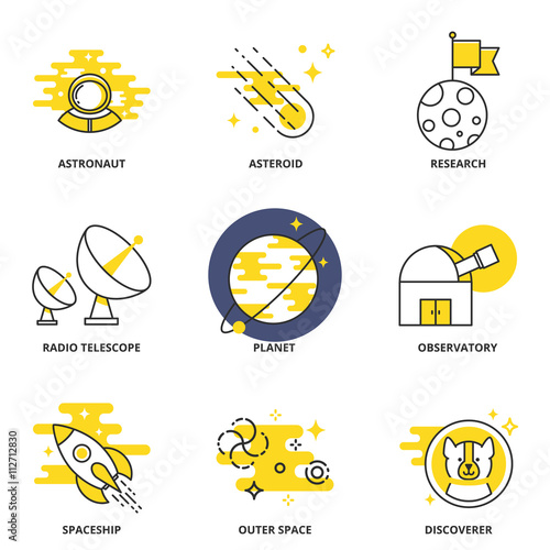 Space vector icons set: astronaut, asteroid, research, radio tel