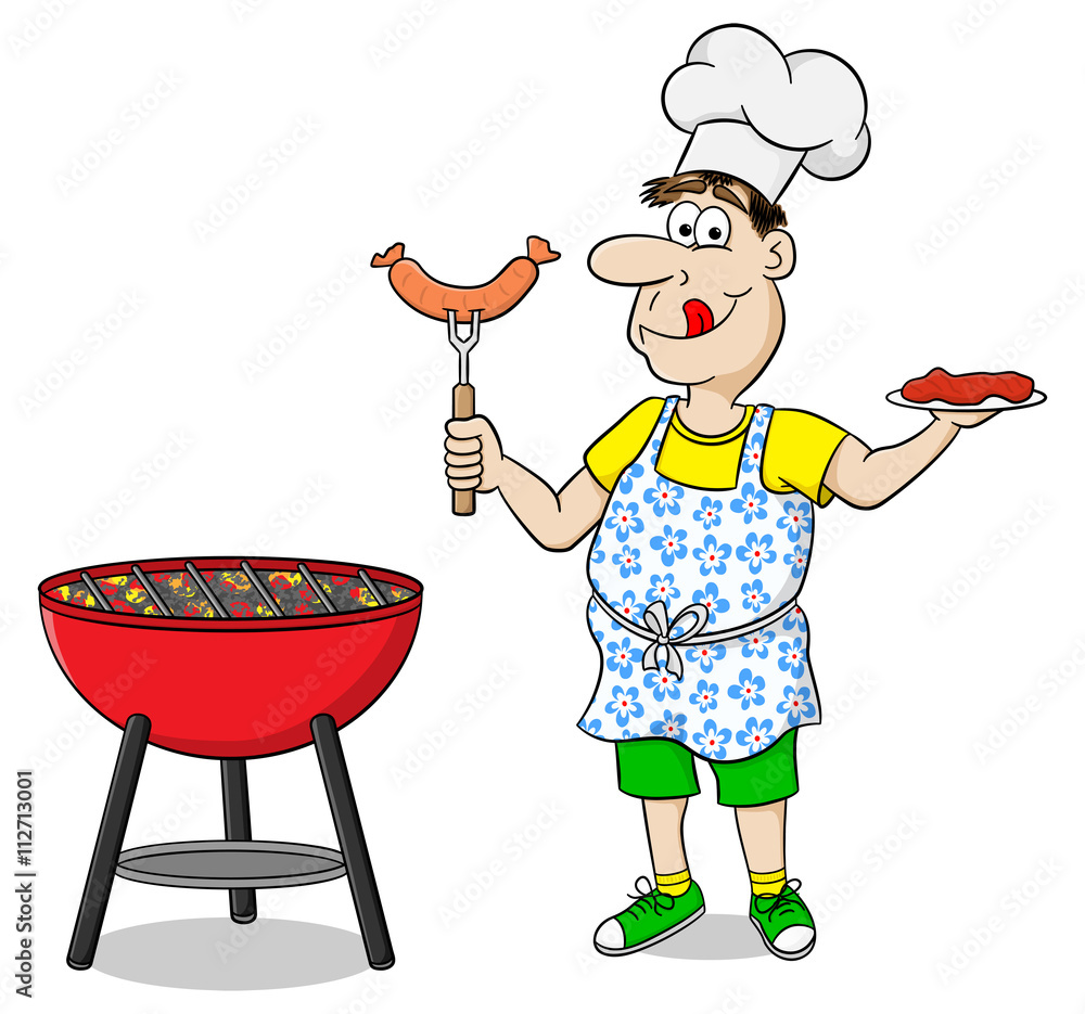 Mann beim Grillen mit Schürze und Steak (BBQ) Stock Vector | Adobe Stock