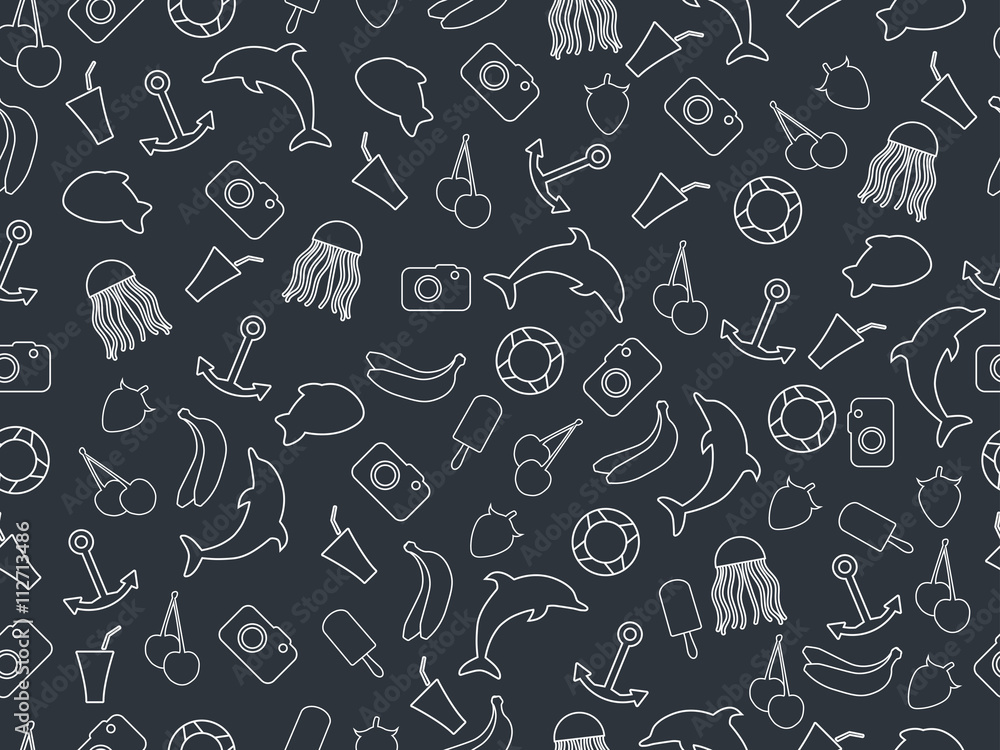 Seamless summer pattern, summer seamless background, summer pattern with fruit and summer objects, many elements of the pattern. Monochrome.
