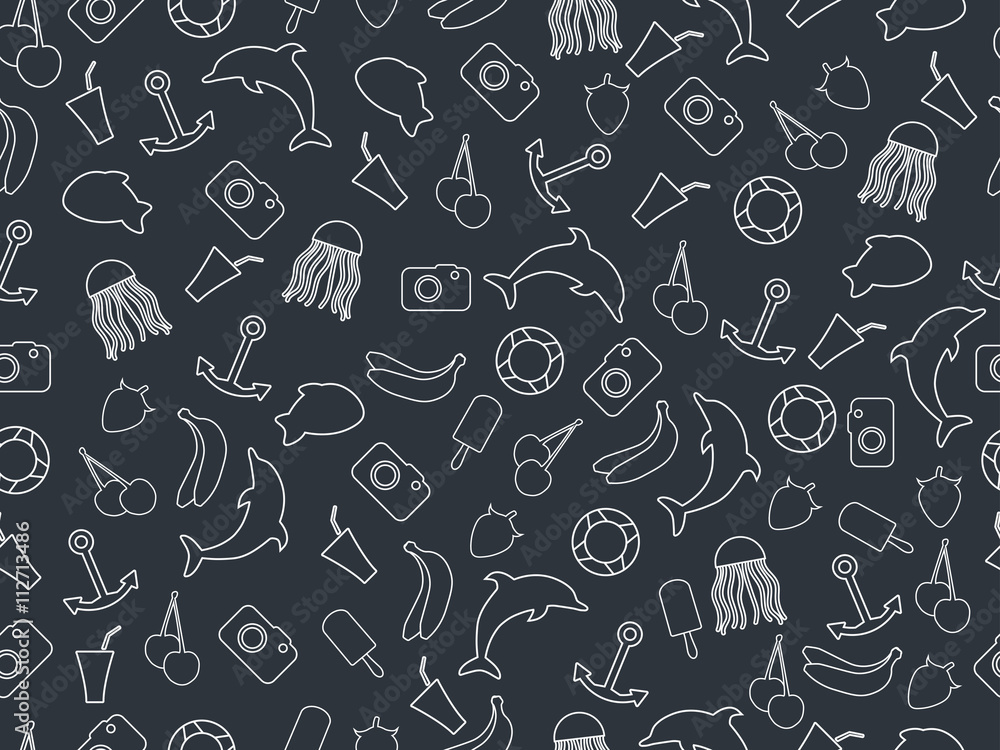 Seamless summer pattern, summer seamless background, summer pattern with fruit and summer objects, many elements of the pattern. Monochrome. Seamless summer pattern, summer seamless background, summer pattern with fruit and summer objects, many elements of the pattern. Monochrome.