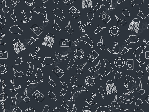 Seamless summer pattern  summer seamless background  summer pattern with fruit and summer objects  many elements of the pattern. Monochrome.