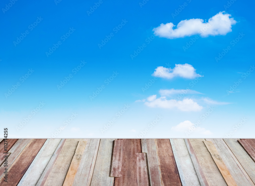 Wood perspective and cloud sky