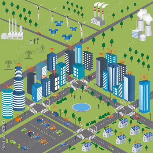 Smart Grid concept Industrial and smart grid devices in a connected network. Renewable Energy and Smart Grid Technology
Intelligent Transport Systems. Internet of things/Smart city