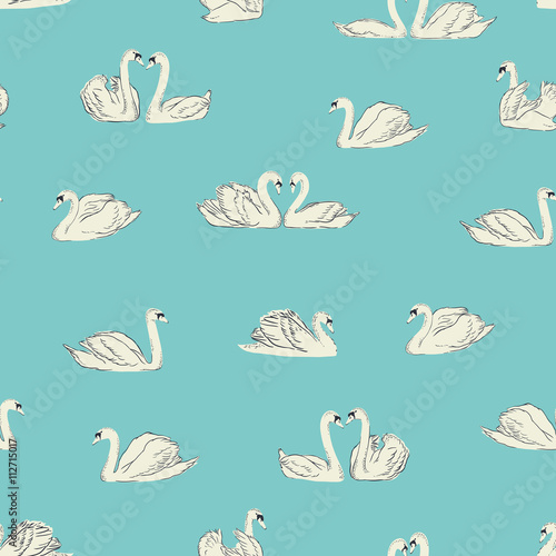 vector seamless gentle romantic graphical swan birds regular pattern, outlined silhouettes, modern stylish background print