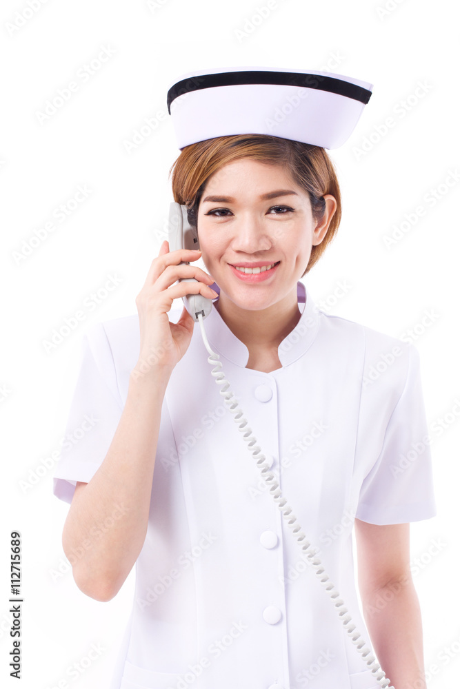 female nurse on the phone, studio isolated female nurse on the phone, studio isolated