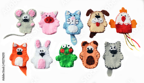 10 felt finger puppets: mouse, pig, cat, dog, cock, fox, rabbit, frog, bear, wolf. Isolated on white background