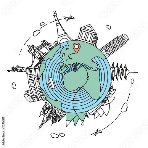 Earth with landmarks and travel destination in Europe. Travel illustration.