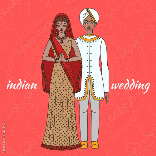  South Asia bride and groom, wedding ceremony. Indian traditional celebration, love couple, hinduism costume