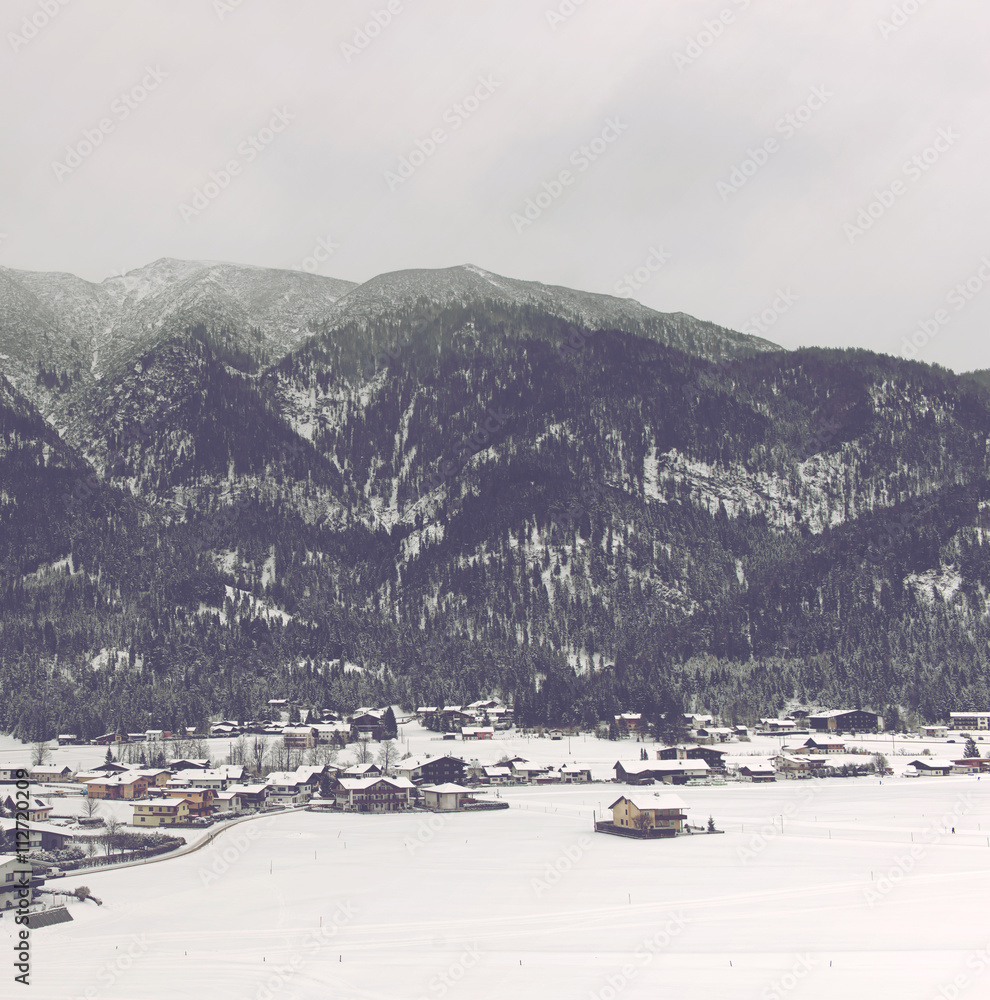Resort Village in Snow Covered Alpine Valley