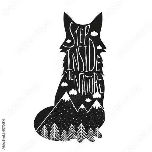 Obraz Wektorowa ręka rysująca literowanie ilustracja. Wejdź do natury. Plakat typografii z lisem, górami, lasem sosnowym i chmurami.