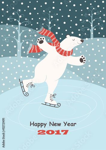 Card with a polar bear skating on ice, snow and winter trees. Vector background.