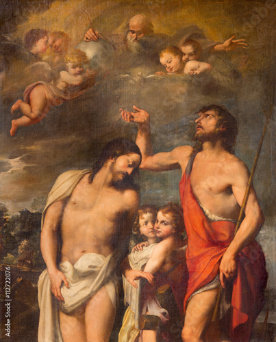 Slika na platnu ROME, ITALY - MARCH 9, 2016: The Baptism of Christ painting in Basilica di Santa Maria del Popolo by Pasquale Rossi mid