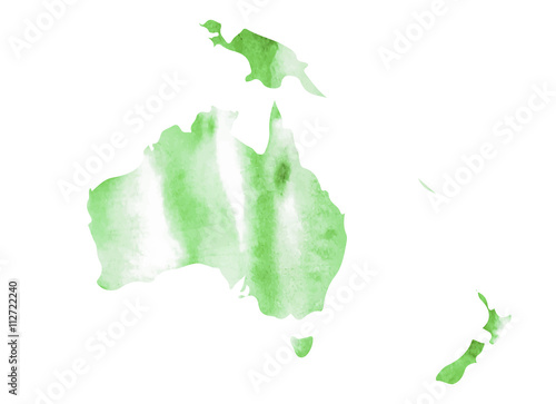 Australia and Oceania region. Green watercolor drawing map. 