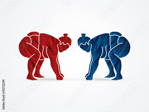 Sumo prepare to fight designed using red and blue grunge brush graphic vector.