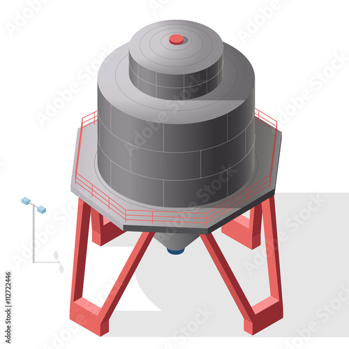 Gasoline cistern, isometric building info graphic. Diesel, fuel supply resources. Gas tank on pillars. Water reservoir. Industrial chemistry pictogram, red details. Flatten isolated master vector icon