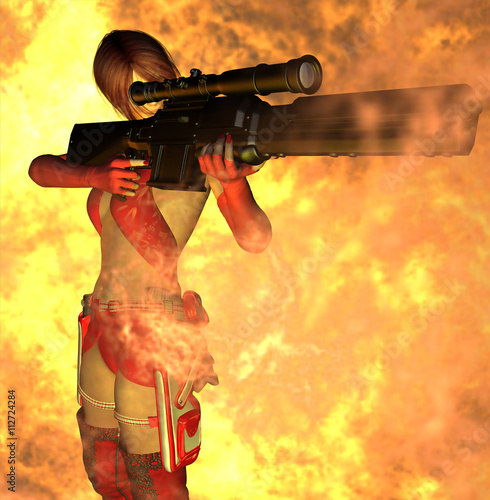 Fototapet Female gunner aiming through firestorm.