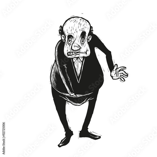 Black and white illustration of balding man checks the status of affairs inside his pants